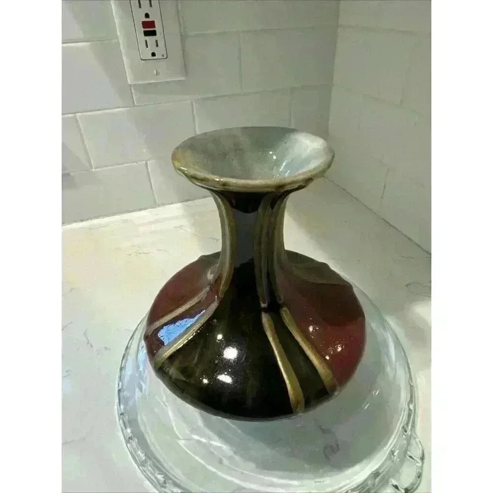 Fabulous Pottery Vase Red Olive Glaze Gold Stripes 6.5